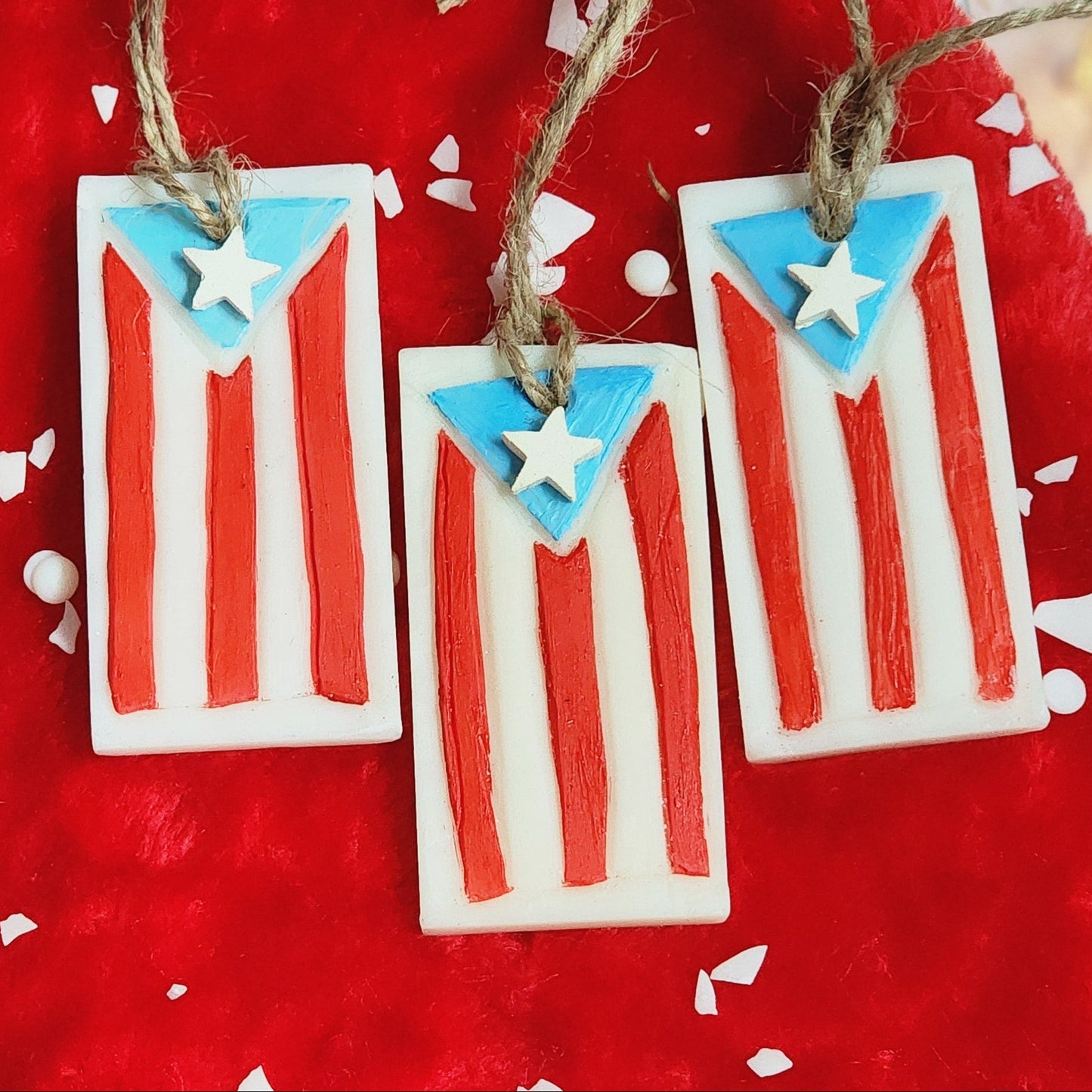 Bandera Puerto Rico Tallado en Wax Set de 3 / Set of 3 Wax Carved Puerto Rico's Flag / Christmas Tree Hanging / Puerto Rico Gift